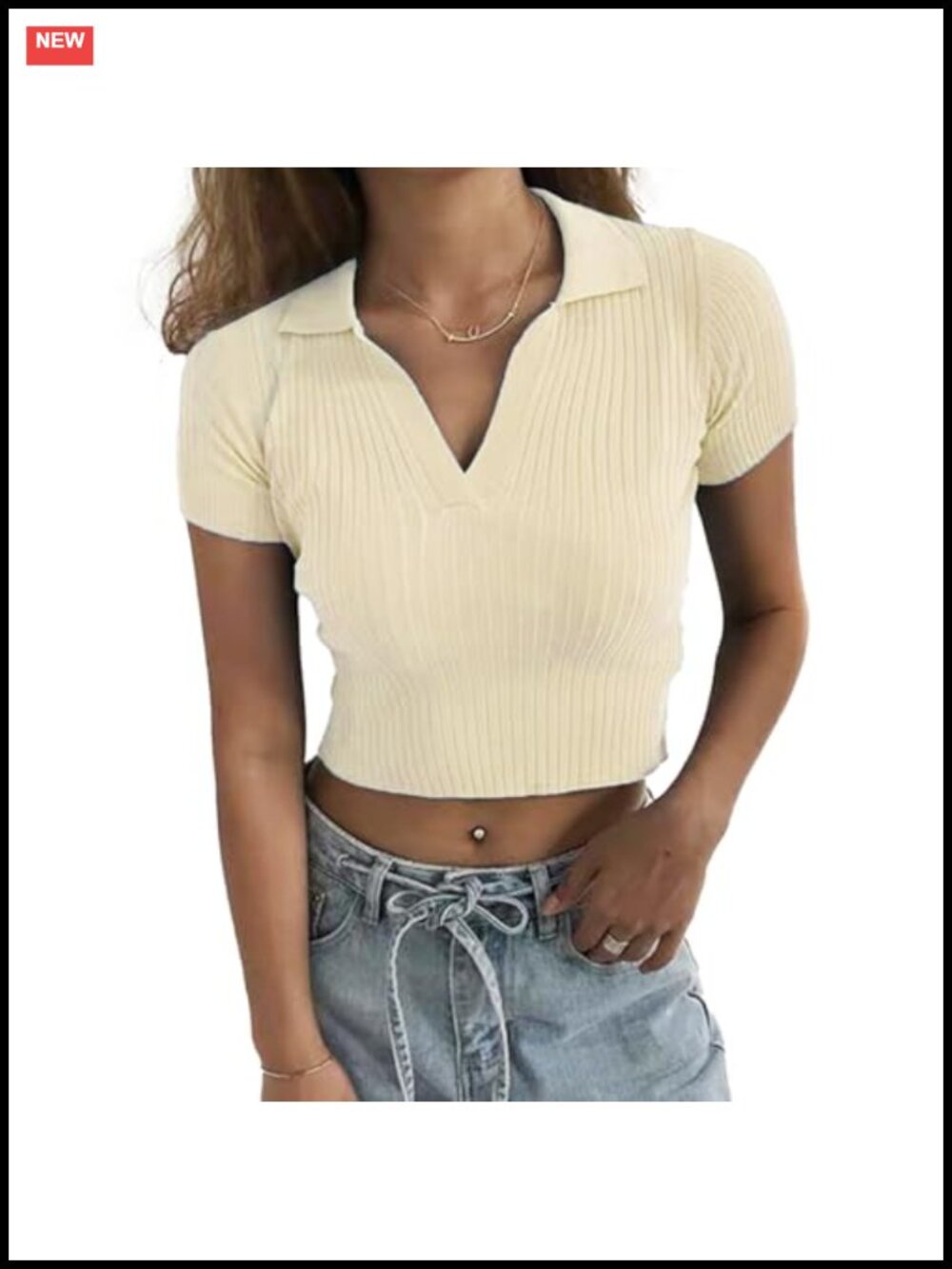 Knitted Crop Polo Shirt V-Neck Ribbed